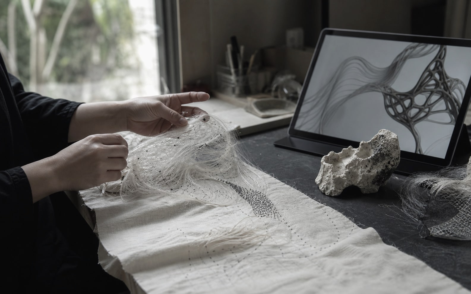 生成形態を映す画面のそばで、手が半透明の繊維と布を組み合わせている制作風景